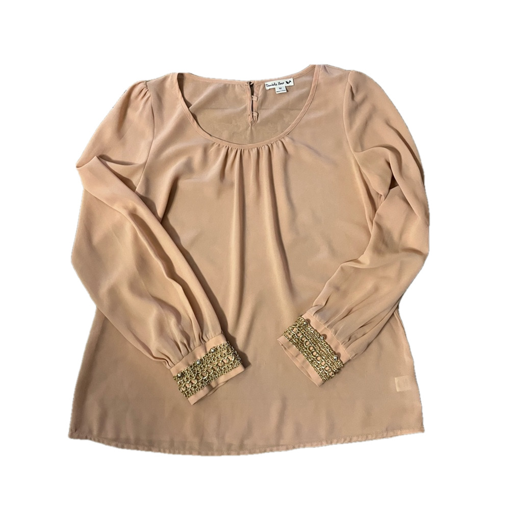 Double Zero Blush Pink Sheer Long Sleeve Blouse Gold Chain Cuffs M